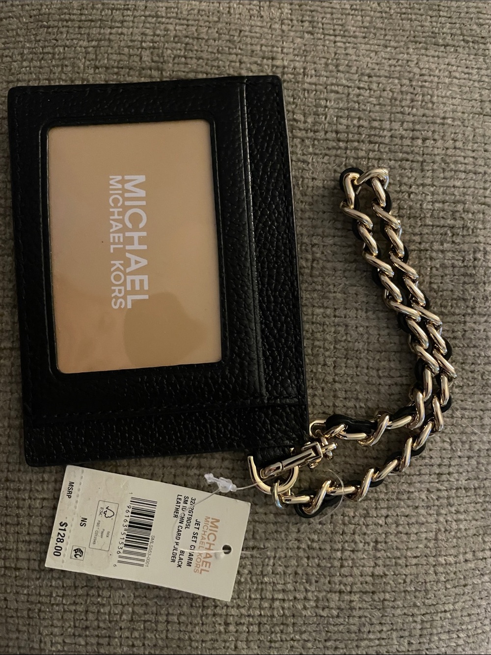 Michael Kors Black Leather Card Case with Gold Chain Wristlet